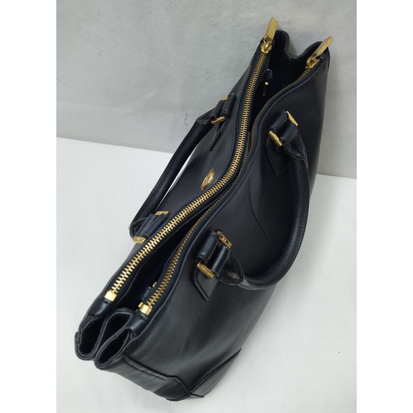 Tory Burch Black Leather Carryall Zipper Double Handles Satchel Bag - Picture 8 of 16